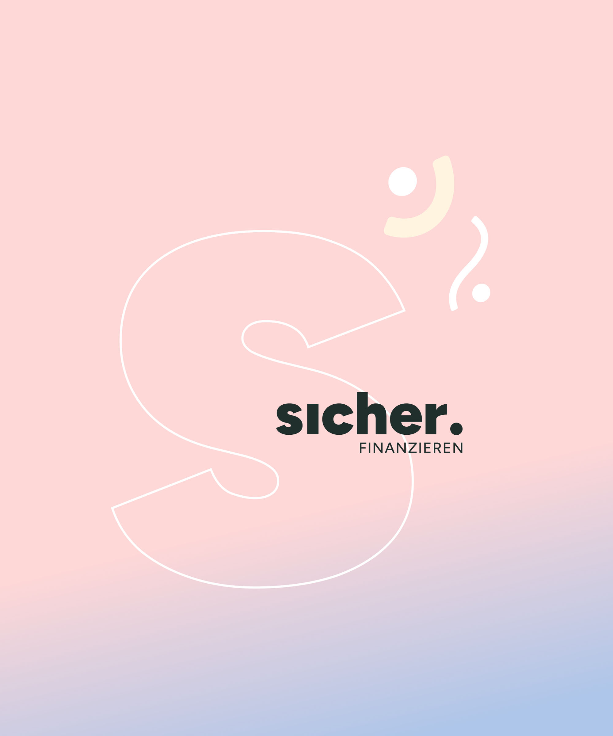 Ein minimalistisches Grafikdesign mit einem großen, stilisierten Buchstaben „S“ in einer dünnen Linienführung auf einem sanften rosa-blauen Farbverlauf. In der Mitte steht der Schriftzug „sicher.“ in schwarzer, fetter Schrift, darunter das Wort „FINANZIEREN“ in einer kleineren, dünnen Schriftart. Dekorative abstrakte Elemente, bestehend aus kleinen Kreisen und geschwungenen Linien, sind im oberen rechten Bereich platziert.