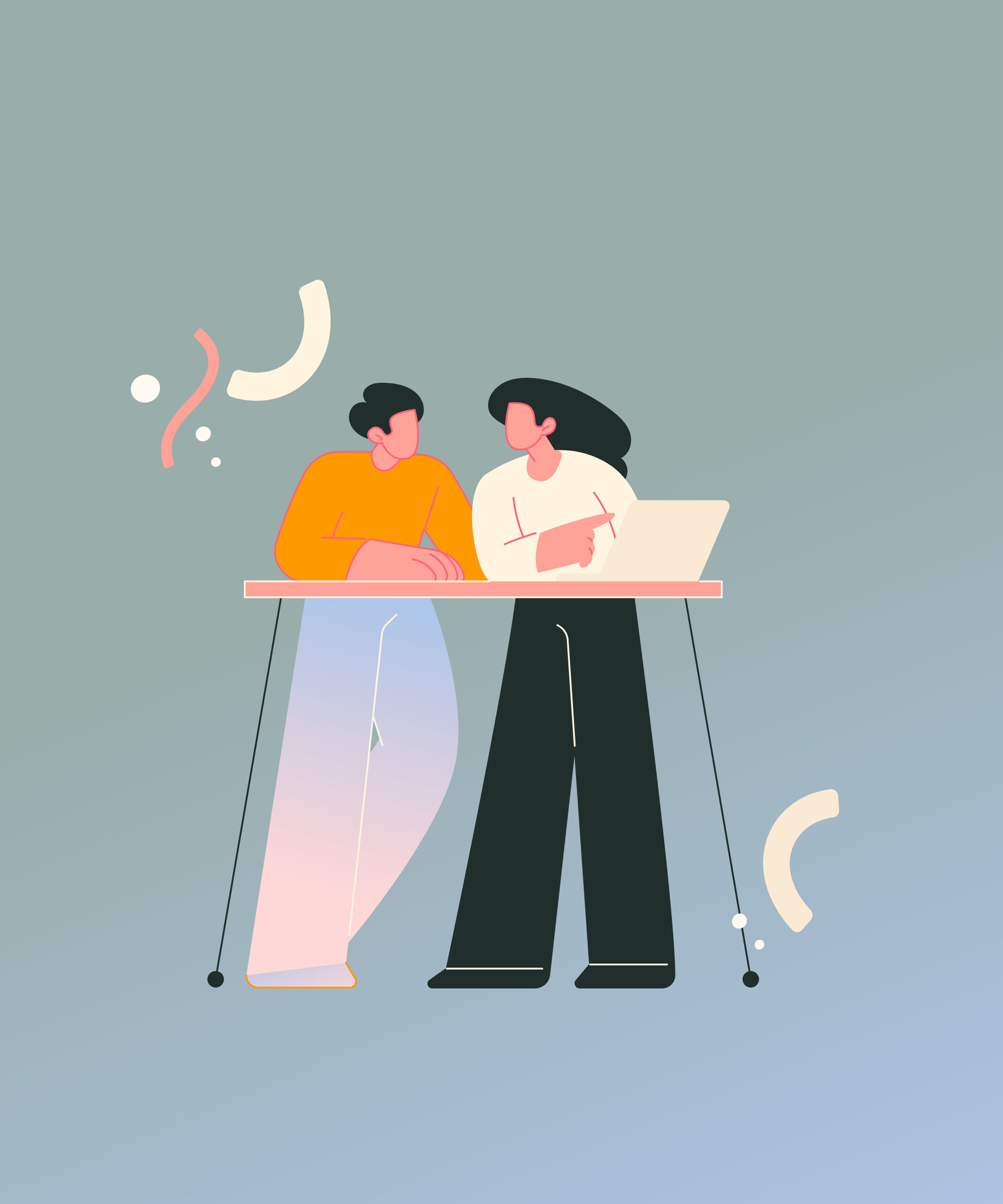 Ein stilisiertes, abstraktes digitales Illustration von zwei Personen, die an einem Tisch zusammenarbeiten. Eine Person trägt ein orangefarbenes Oberteil und lehnt sich mit verschränkten Armen nach vorne, während die andere Person, gekleidet in ein cremefarbenes Oberteil und schwarze Hose, auf einen Laptop zeigt. Der Hintergrund ist in einem weichen Grün gehalten, mit dekorativen abstrakten Formen um die Figuren herum.